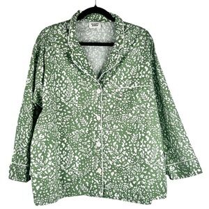 Sleepy Jones Green & White Leaf Print Button Down Long Sleeve Pajama Top Size XL